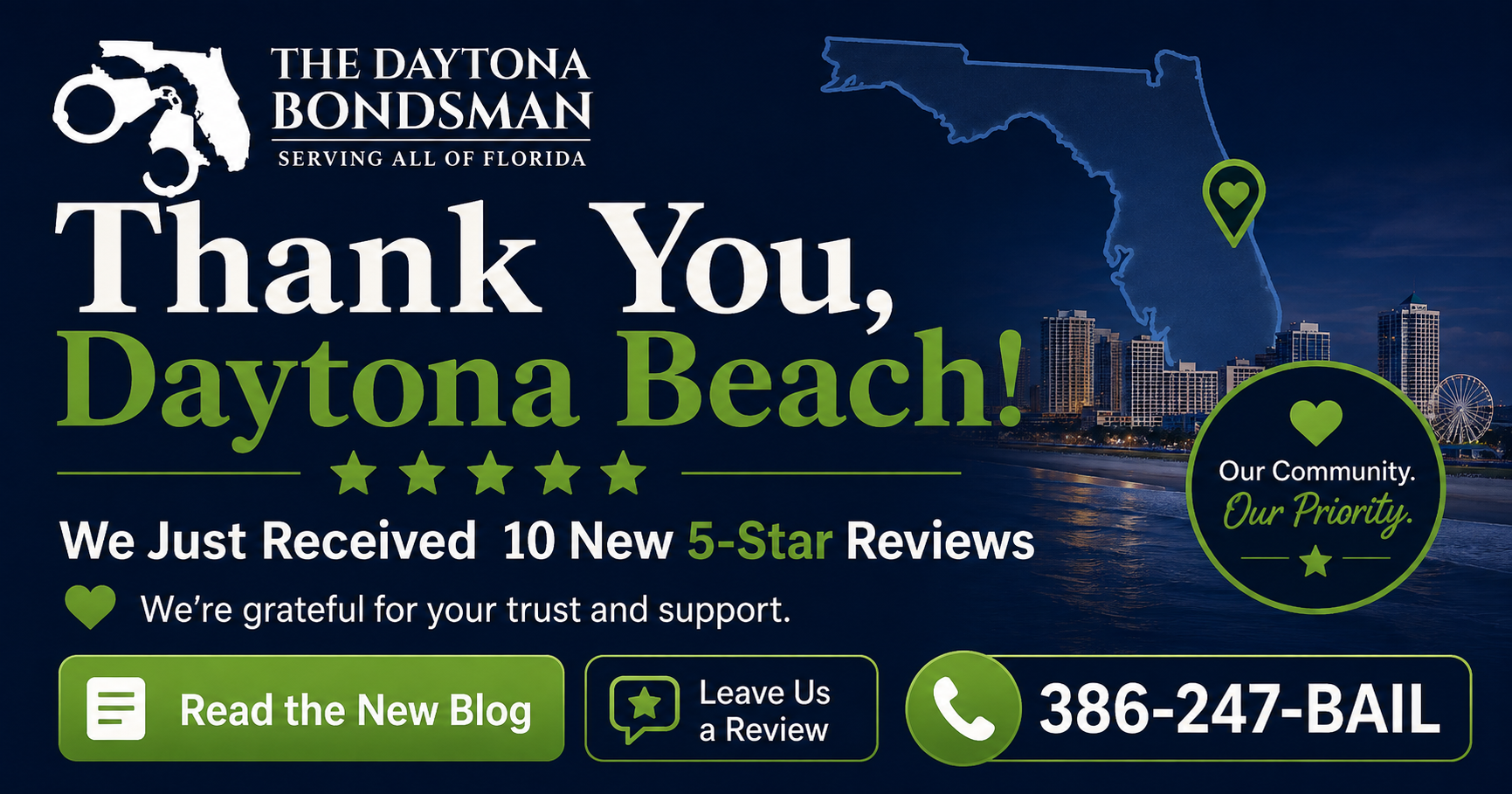 Thank you Daytona Beach for 10 new 5-star Google reviews from The Daytona Bondsman